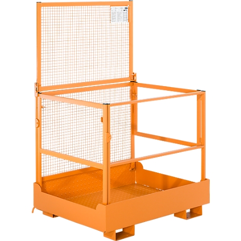 Cage de sécurité orange avec grille, rectangulaire, pour la sécurité lors des travaux en hauteur. Porte grillagée, deux montants horizontaux, base avec quatre pieds.