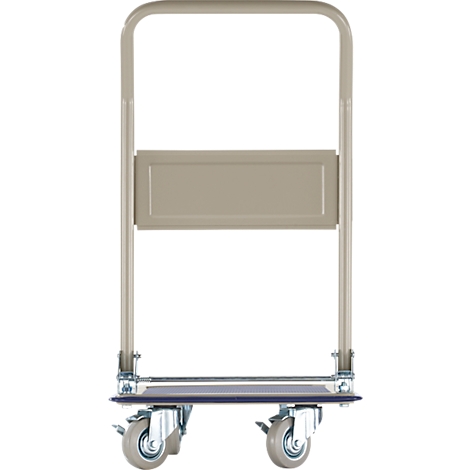 A gray, sturdy hand truck with four wheels and a handle. The loading area is dark gray.