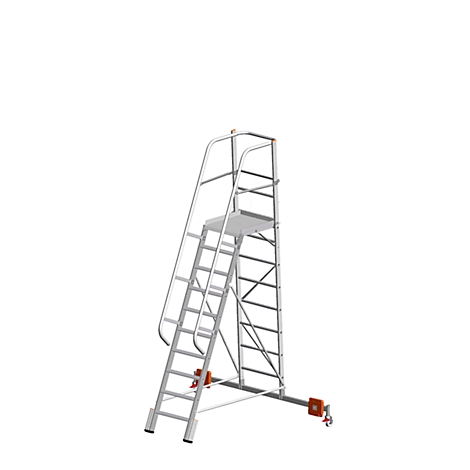 A gray step ladder with platform and railing, set against a white background. The structure has wheels for transport.