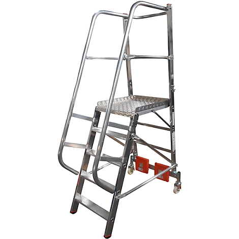 A silver work platform with steps, platform and castors. Safety bars, red elements.