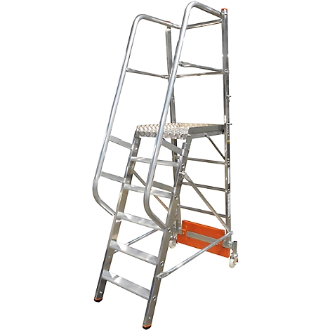 A silver stepladder with a platform and wheels, safety bars. The steps have a diamond pattern, orange kick plate.