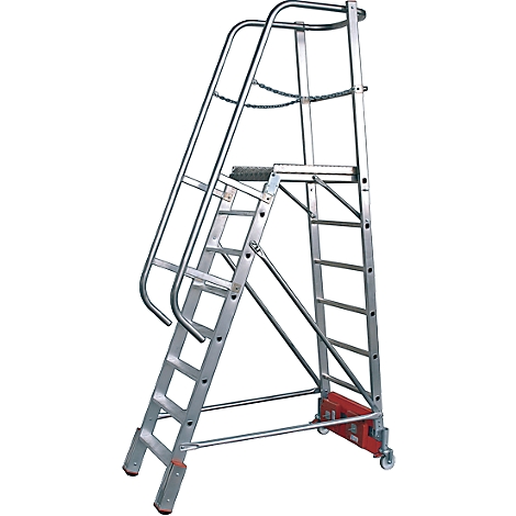A silver stepladder, with steps, handrails and wheels on the feet. There is a platform at the top.