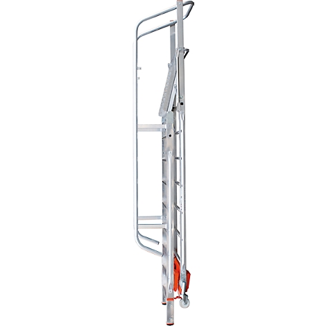 A silver, folded ladder with red and black accent color, against a white background.