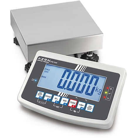 Digital scale showing 0.000 kg. An angular stainless steel plate on top, the display panel with buttons below.