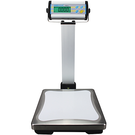 Digital personal scale with display "0.000". Metal platform, white area in the middle, grey column, display field with buttons.