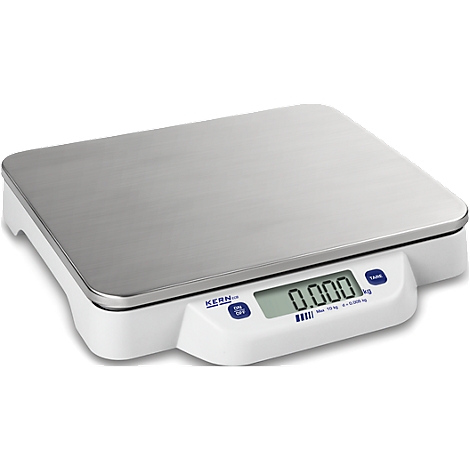 White kitchen scale with silver weighing surface. Digital display shows 0.000 kg.