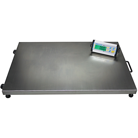 Platform scale with digital display, metal surface, black handles and feet.