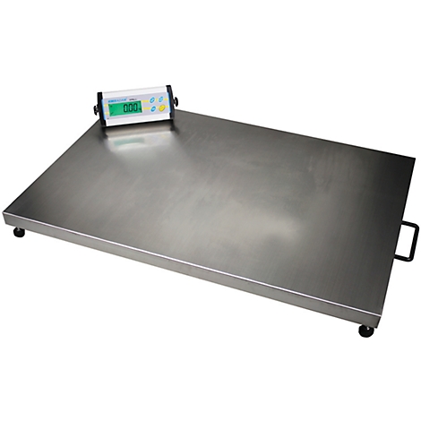 A stainless steel scale with a digital display showing 0.00.
