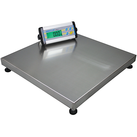 Digital scale with bright display showing 0.00, on a large, rectangular metal platform.