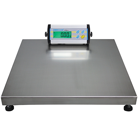 A stainless steel platform scale with digital display showing 0.00.