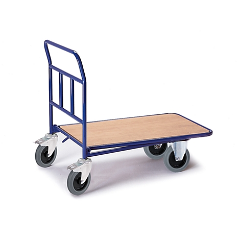 A blue transport cart with a wooden platform and gray wheels stands isolated on a white background.