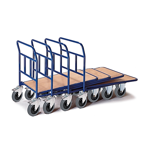 Several blue transport trolleys with wooden surfaces, on a white background. They stand slightly offset next to each other.