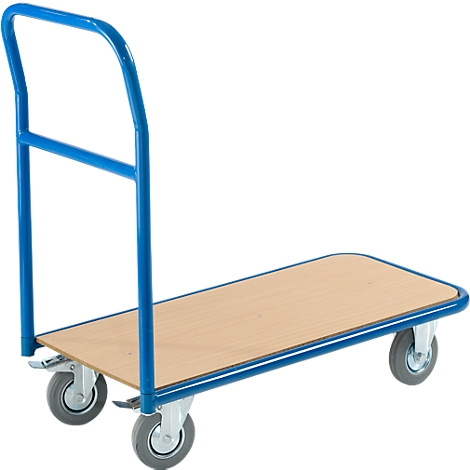 Blue transport cart with wooden plate and four wheels. Handle for pushing.