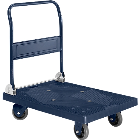 A dark blue utility cart with four wheels and a handle. The cart has a flat loading surface and an upright handle.