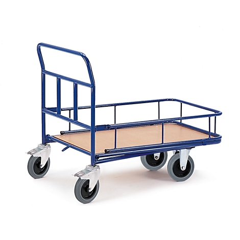 Blue painted transport cart with wooden plate and four wheels, white background.