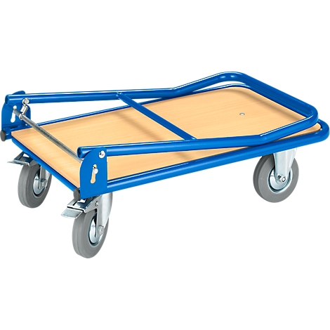 A foldable blue transport cart with a light brown loading surface and gray wheels, photographed diagonally from the front.