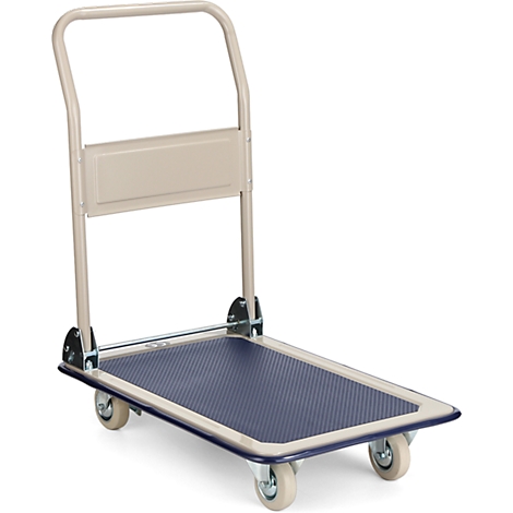 Beige transportwagen met blauw laadgedeelte, vier wielen en een handvat. Het voertuig staat op een witte achtergrond.
