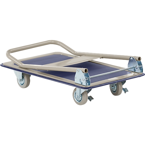 Ein blauer Plattformwagen mit grauen Rädern und einem Metallgriff. Die Ladefläche hat eine geprägte Oberfläche.