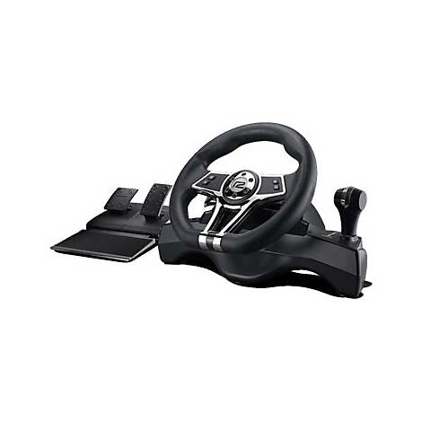 Schwarzes Gaming-Lenkrad mit Pedalen und Schalthebel vor weißem Hintergrund.