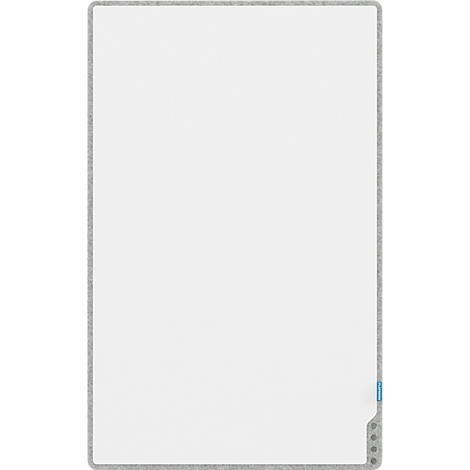 Objet blanc rectangulaire avec un cadre gris. Une bande bleue et un panneau gris avec des points gris se trouvent dans le coin inférieur droit.