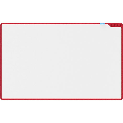 Écran blanc avec bordure rouge. Une bande bleue et des éléments rouges sont visibles dans le coin supérieur droit.