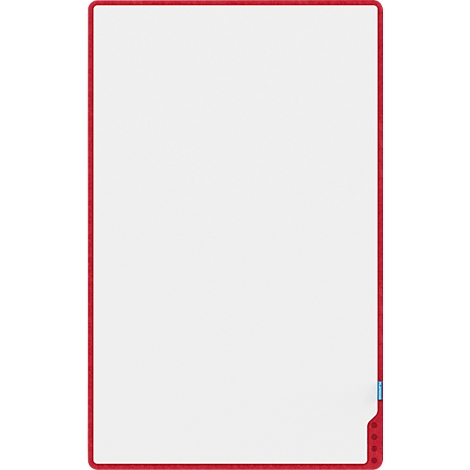 Tableau blanc avec un cadre rouge. Petite bande bleue en bas à droite.