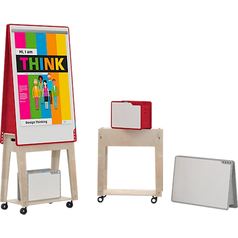 Tableau de présentation avec cadre rouge, papier blanc et lettrage "THINK" coloré. À côté, une table et un autre tableau blanc.