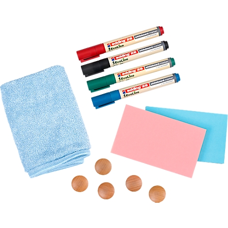 Four different whiteboard markers and accessories: microfiber cloth, sponges and magnets.