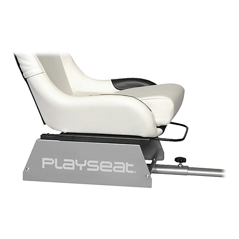 Ein weißer, gepolsterter Spielsitz von Playseat, Seitenansicht. Schwarze und graue Akzente.