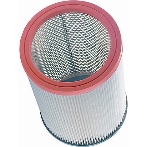 Cylindrical filter with red rim, gray grid inside, white filter body with fine pleats.