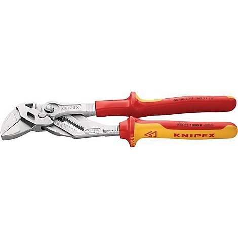 Pliers with red and yellow handles. KNIPEX inscription. Detailed shot of the tool.