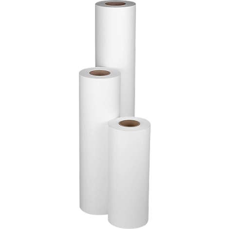 Three paper rolls, white, of different sizes, standing in front of a white background.
