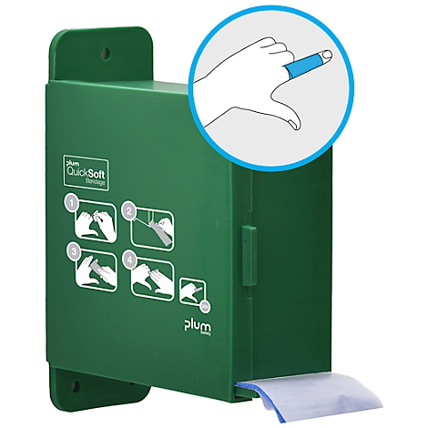 Groene pleisterdispenser met instructies. Inzet toont vinger met pleister. Merk: Plum QuickSoft.
