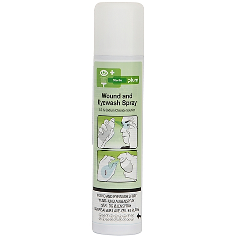 Weiß-grüne Sprühflasche mit "Wound and Eyewash Spray" und Piktogrammen. Die Flasche zeigt Anwendungsbeispiele.