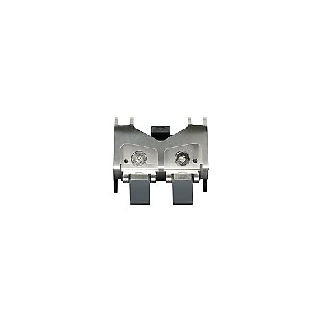 Metallklammer, Winkel, graue Klappen, Schrauben, schwarzer Knopf.