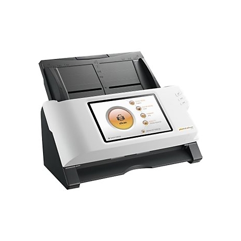 Ein weißer Scanner mit einem geöffneten Deckel. Ein Touchscreen zeigt verschiedene Optionen, wie z.B. scannen und Einstellungen.