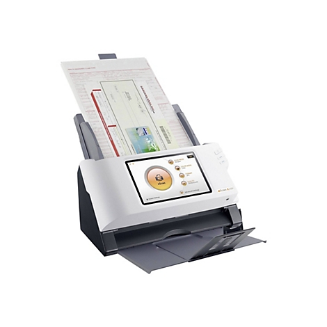 Ein weißer eScan A280 Scanner, der ein Dokument einzieht. Auf dem Touchscreen wird das Logo eScan angezeigt. Daneben befinden sich Scan-Einstellungen. Der Scanner enthält ein Gesundheitsversicherungsformular.