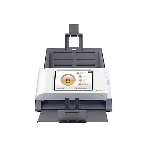 Ein grauer und weißer Dokumentenscanner mit Bedienfeld, auf dem Optionen wie Scanmodus und Format angezeigt werden.