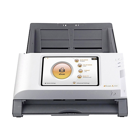 Ein weiÃŸ-grauer Scanner mit Touchscreen. Auf dem Bildschirm befindet sich ein gelber Kreis mit einem Drucker-Symbol und dem Schriftzug eScan.
