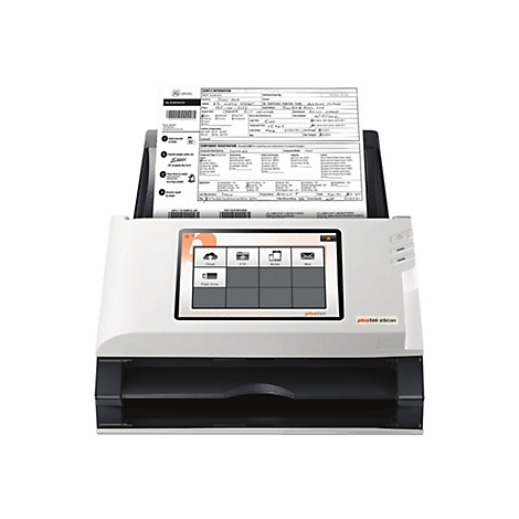 Weißer Scanner mit eingelegtem Formular. Auf dem Display sind Symbole für Cloud, FTP, Flash Drive, Mobile und Mail zu sehen.