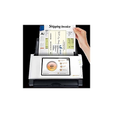 Ein Scanner, der eine Versandabrechnung scannt, die von einer Hand gehalten wird. Auf dem Scanner befindet sich ein Touchscreen.