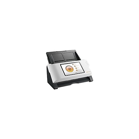 WeiÃŸer Scanner mit Touchscreen, der ein MenÃ¼ anzeigt.