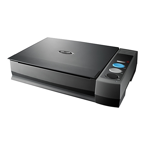 Ein schwarzer Flachbettscanner, plus einen grauen Kontrollbereich mit Knöpfen.