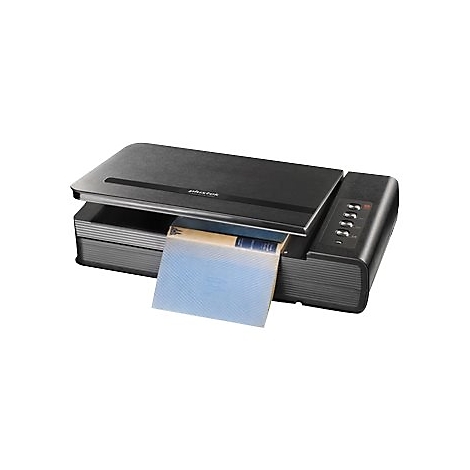 Schwarzer Dokumentenscanner mit aufgeschlagenem Buch und blauem Papier. Bedienfeld mit Knöpfen.