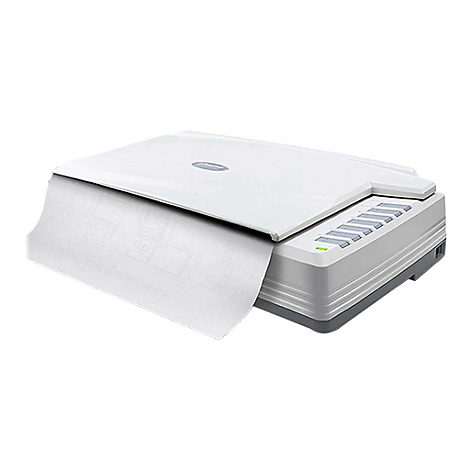 Ein weiÃŸer Flachbettscanner mit einem Blatt Papier, das aus ihm herausragt.
