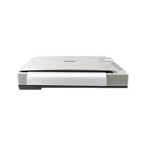 Ein grauer Flachbettscanner von der Seite, auf weißem Hintergrund.
