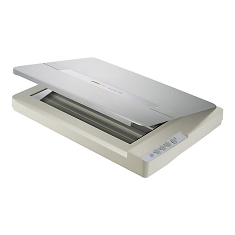 Flachbettscanner in hellem Grau mit geöffneter Abdeckung auf weißem Hintergrund.