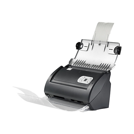 Ein grauer Scanner mit offenem Deckel. Das Papierausgabefach und die Papieraufnahme sind sichtbar.