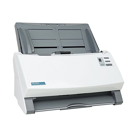 Weißer Flachbettscanner mit grauem Deckel und Bedienfeld mit Scan-Knopf. Rechts unten ist das Plus-Logo sichtbar.