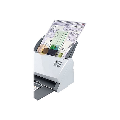 Ein weißer Scanner mit eingelegtem Papier. Oben sind Blätter mit Text zu sehen.